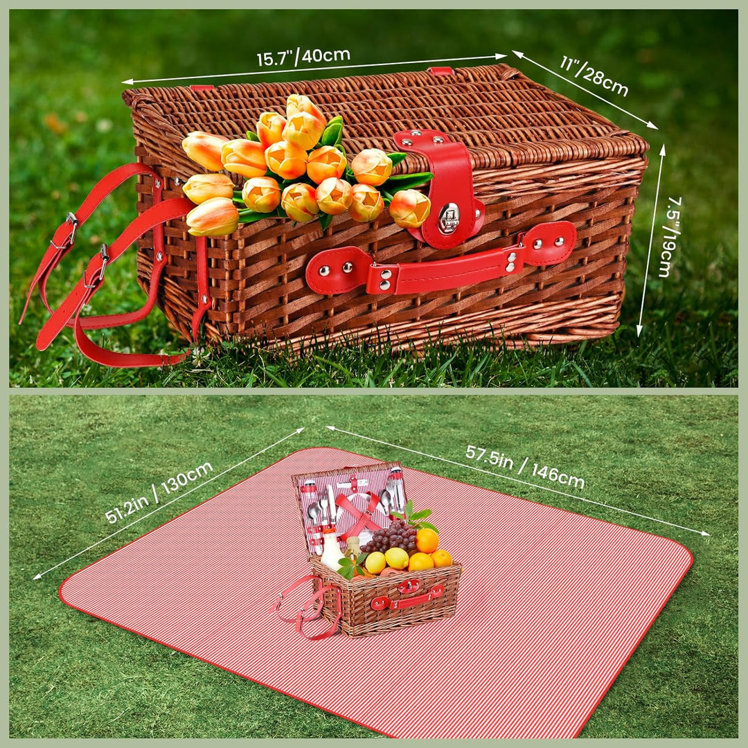 Picknickkorb für 4 Personen, aus Weide mit wasserdichter Decke und Besteck, für Camping, Rosa Rosa,