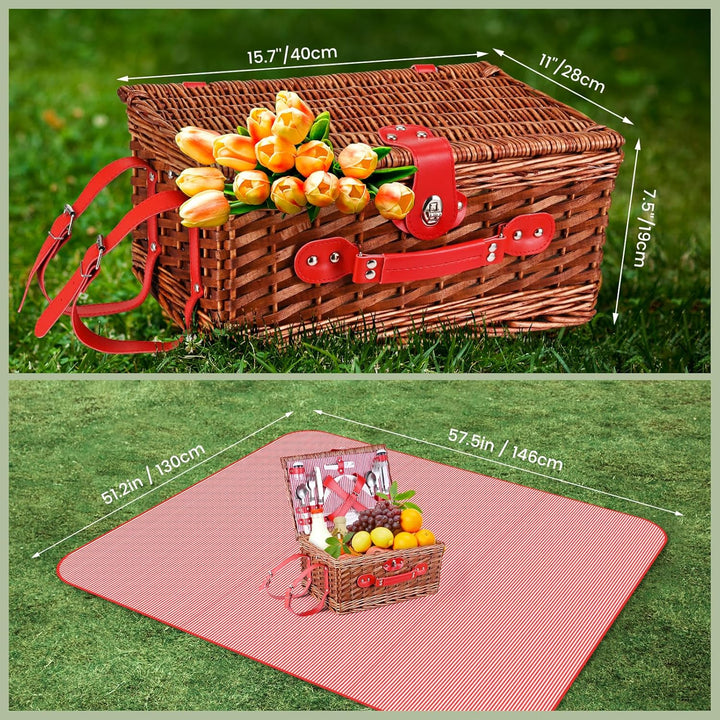 Picknickkorb für 4 Personen, aus Weide mit wasserdichter Decke und Besteck, für Camping, Rosa Rosa,