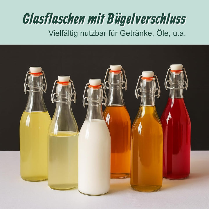 Relaxdays Flaschen zum Befüllen, 6er Set, 500 ml, Bügelverschluss, Glasflasche für Öl, Essig, Schnap
