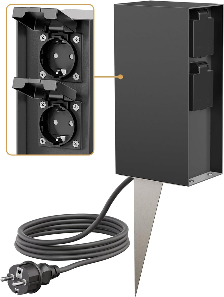 ledscom.de Garten-Steckdosen-Säule POMI mit Erdspiess und 2m Kabel für aussen, IP44, 4-Fach, anthraz