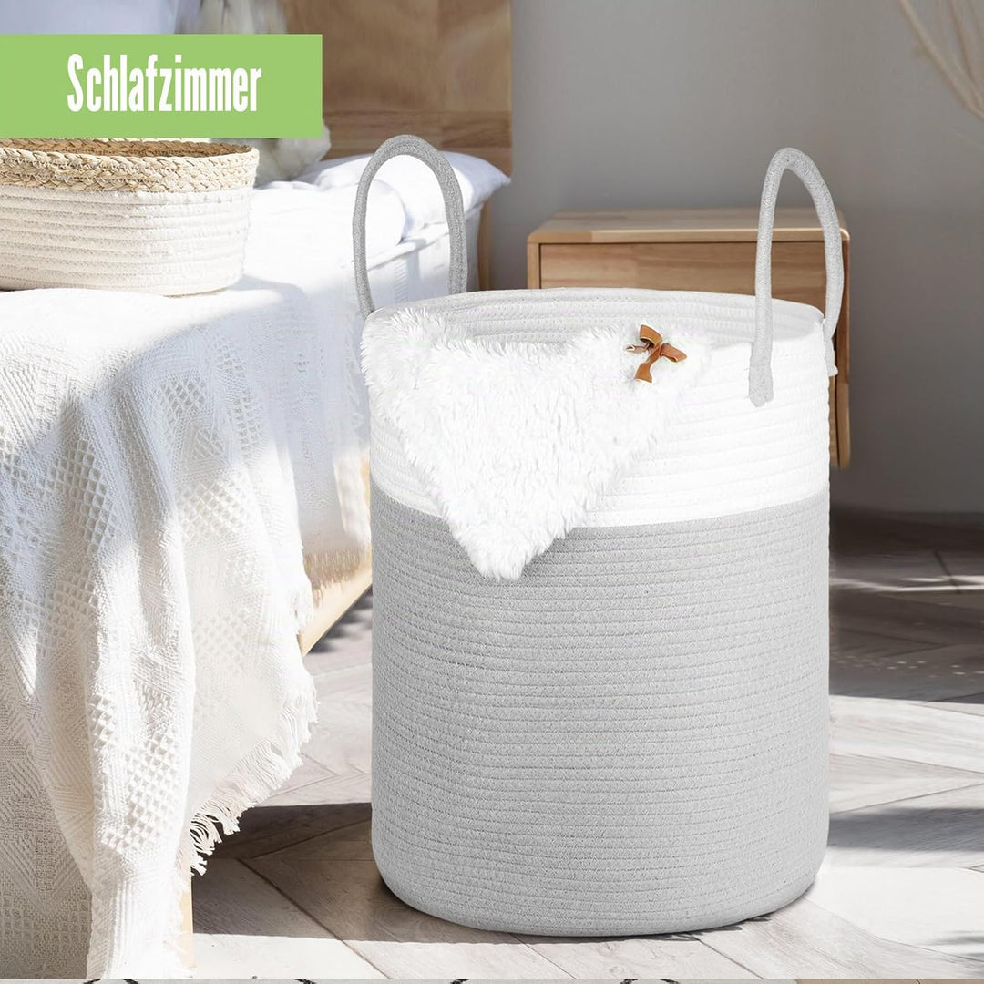 Wäschekorb Geflochten aus Baumwolle, 66L Wäschesammler Gross mit Henkel, Laundry Basket Aufbewahrung