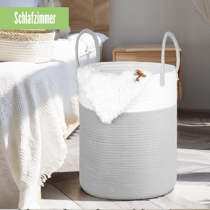 Wäschekorb Geflochten aus Baumwolle, 66L Wäschesammler Gross mit Henkel, Laundry Basket Aufbewahrung