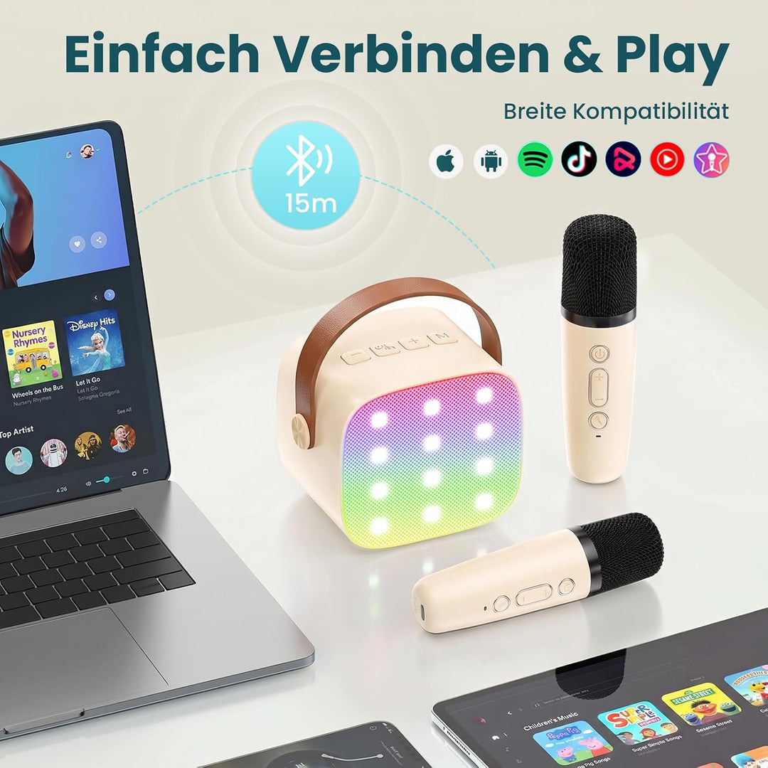 Karaoke Maschine mit 2 Drahtlosen Mikrofonen, Wowstar Tragbares Bluetooth Karaoke Maschine für Kinde