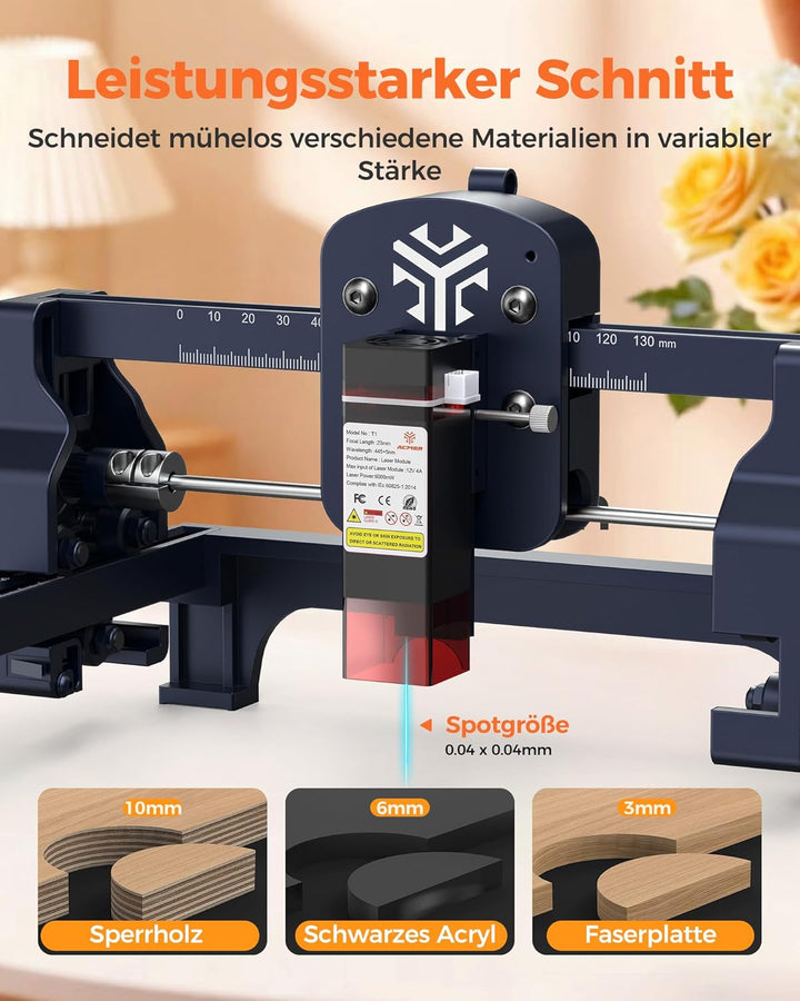 Acmer T1 3,5W Laser Gravur Maschine,Kompakter Laser Cutter für Werkstatt,130×130mm,10000 mm/min,0,01