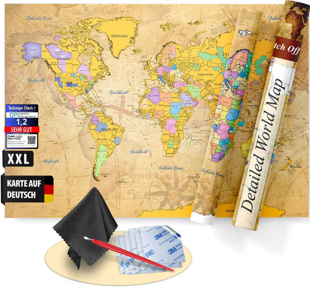 FlYHIGH XXL Weltkarte zum Rubbeln auf Deutsch I 80x57cm I Poster zum aufkratzern I Scratch off Map I