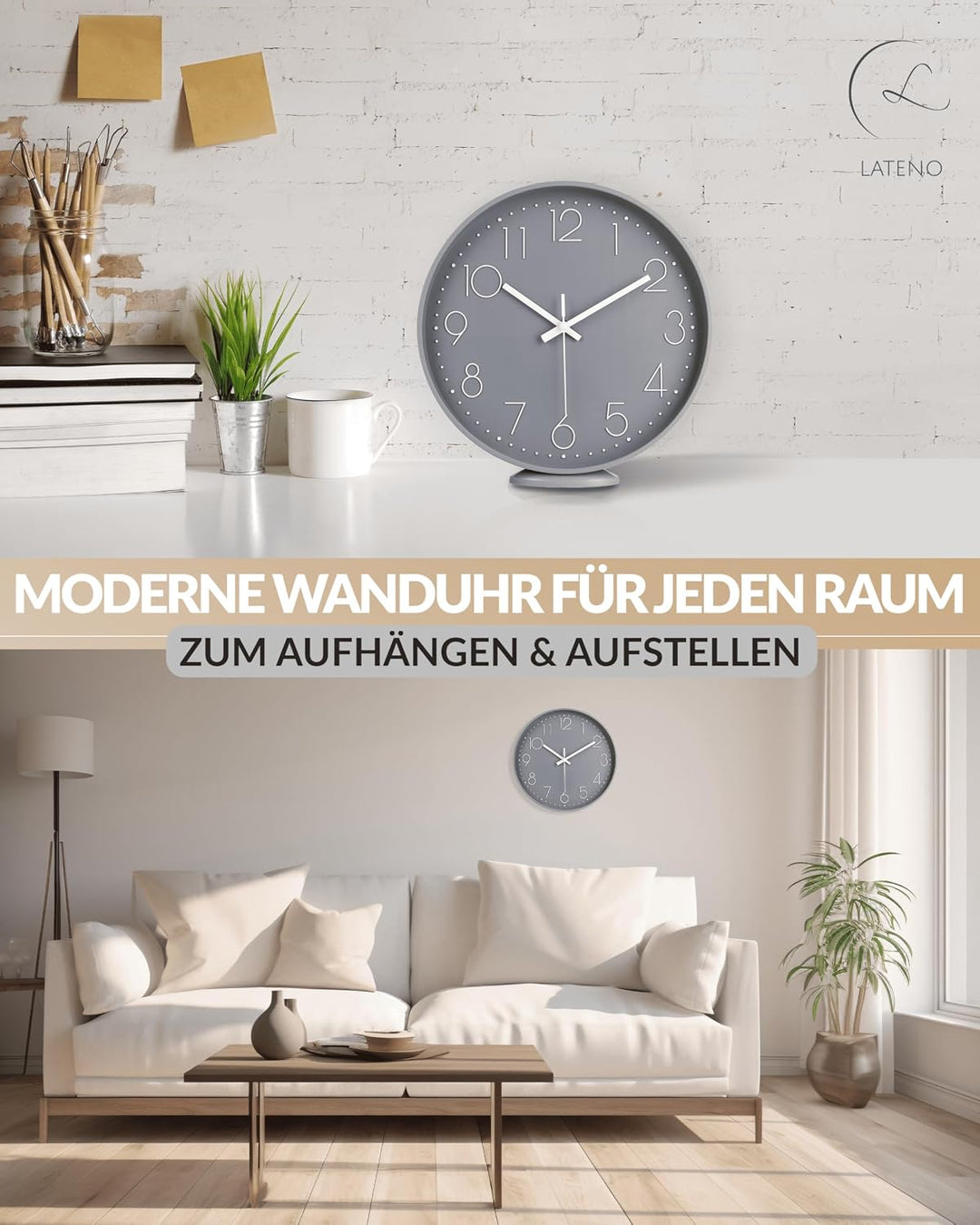 LATENO - Wanduhr zum aufstellen oder aufhängen - grau 30 cm - lautlos - klassisch und modern - Wandu