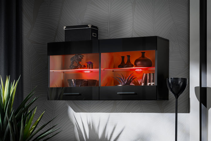 Komodee, Vitrine Schrank Savona, Schwarz/Schwarz, Breite 100cm x Höhe 50cm x Tiefe 30cm, LED RGB, 2