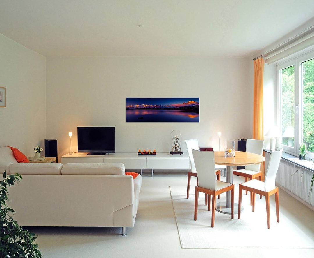 Paul Sinus Art Panoramabild auf Leinwand und Keilrahmen 150x50cm Berge See Sonnenuntergang Spiegelun