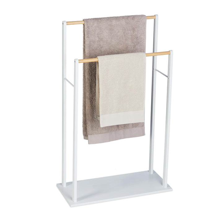 Relaxdays Handtuchständer, 2 Stangen, MDF & Bambus, HBT: 91,5 x 57 x 25 cm, freistehend, Duschtuchha