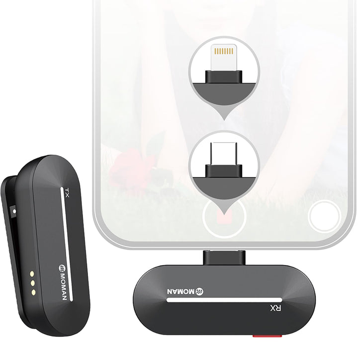 Moman Kabellos Mikrofon Handy Ansteckmikrofon für iPhone, Wireless Lavalier Mikrofon Lightning2.4GHz
