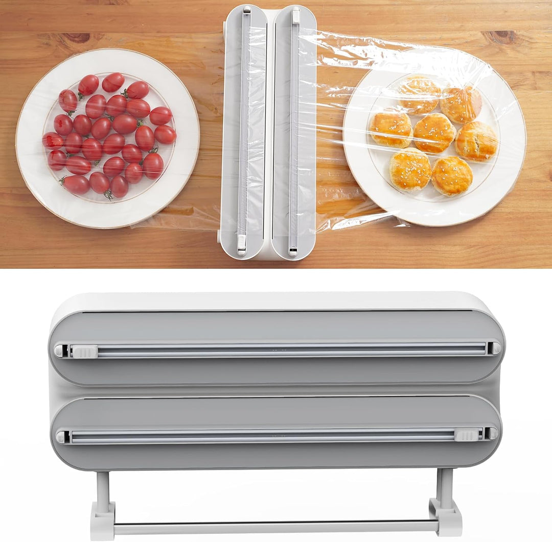 3 in 1 Frischhaltefolienspender mit Küchenrollenhalter, Folienspender mit Cutter, Küchenrollenhalter