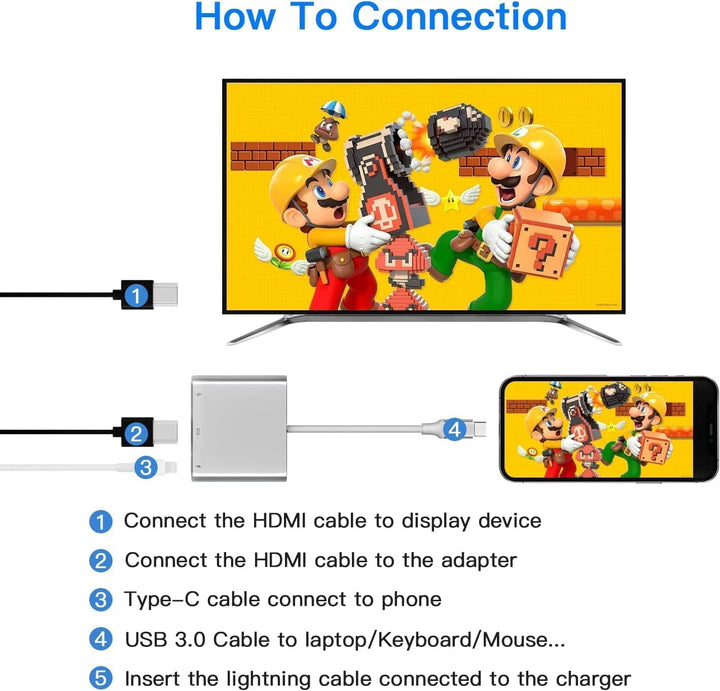 VVG USB C to 4K HD.MI Adapter für MacBook Pro/Air, 3 in 1 USB-C Digital AV Multiport Adapt mit 4K 30