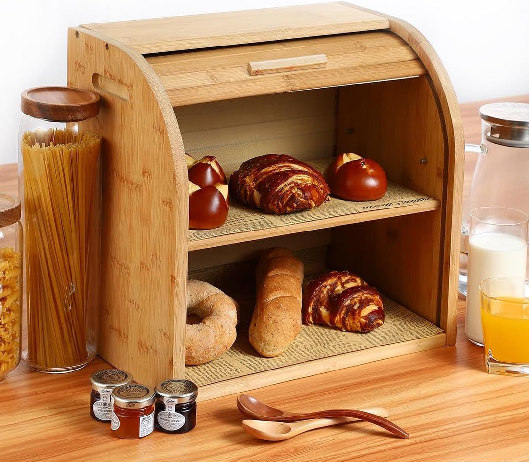 G.a HOMEFAVOR Bambus Brotkasten / Brotkorb mit Rolldeckel &amp; 2-Fächer - Herausnehmbare Abtrennung, Ei