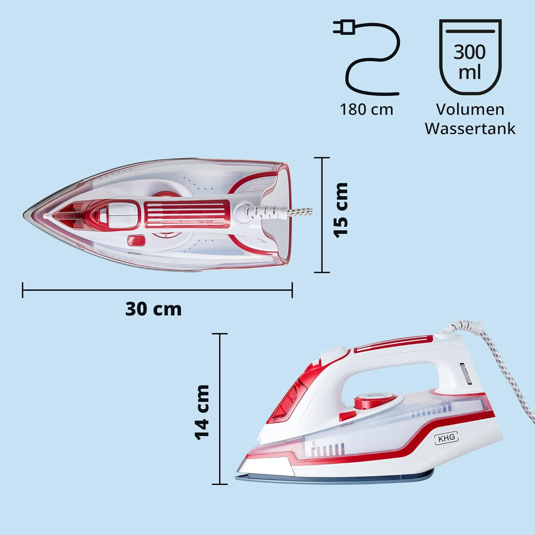 KHG Dampfbügeleisen DB-2202WR Rot Keramik, Anti-Kalk-Funktion, Abschaltautomatik, Selbstreinigungsfu