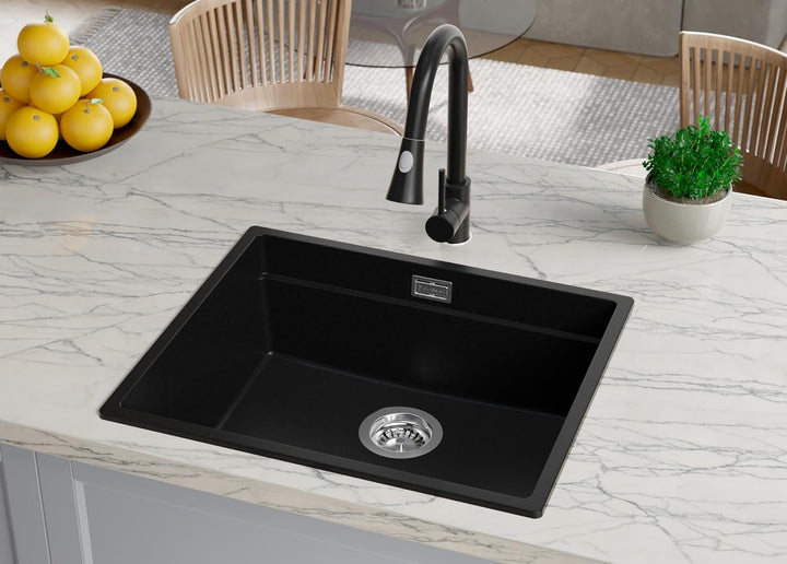Spülbecken Schwarz 56x47cm, Granitspüle 1 Becken + Ablauf-Set + Aufrollbare Abtropffläche, Küchenspü