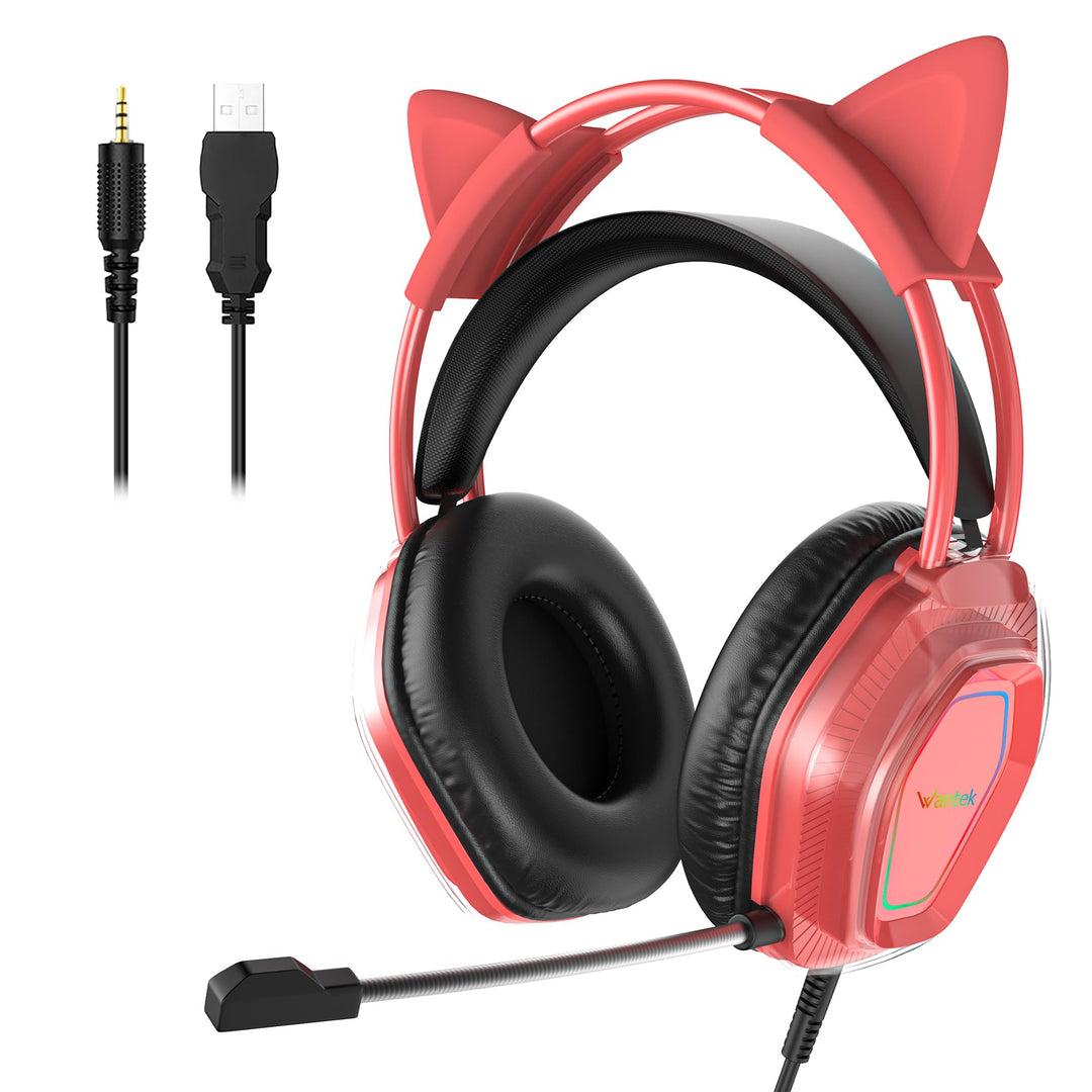 Wantak Katzenohr Kopfhörer mit Mikrofon – Kabel (3,5mm/USB) – Gaming Headset für PC/PS5/Xbox – Noise