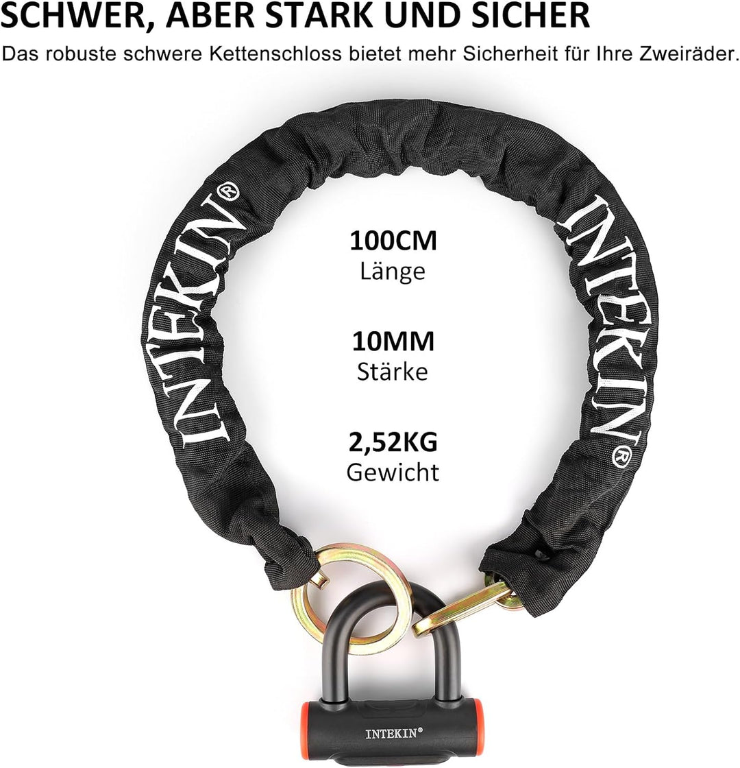 INTEKIN Fahrrad Kettenschloss aus 10mm gehärtetem Stahl, 100cm lang Motorradschloss/Fahrradschloss K