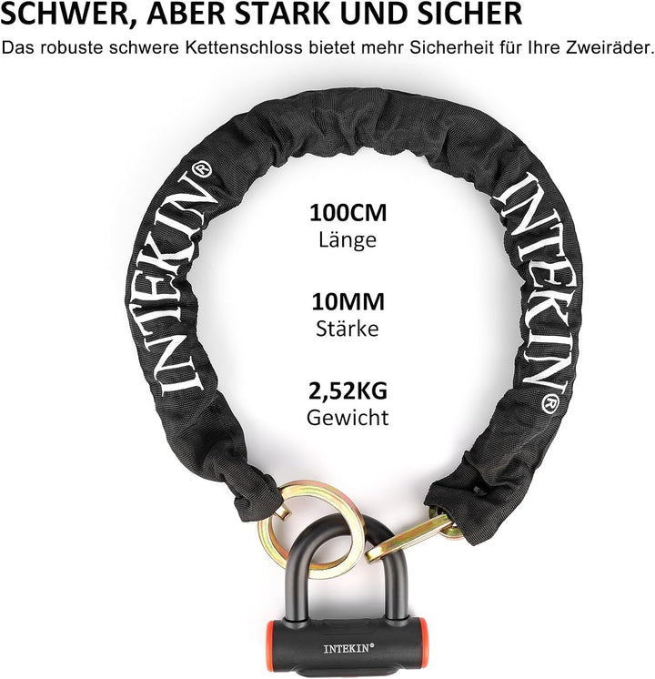 INTEKIN Fahrrad Kettenschloss aus 10mm gehärtetem Stahl, 100cm lang Motorradschloss/Fahrradschloss K