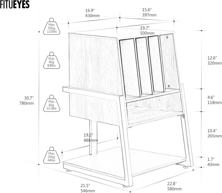 FITUEYES Plattenspieler Tisch aus Holz Metall HiFi Rack für Plattenspieler 120 Platten Kompaktanlage