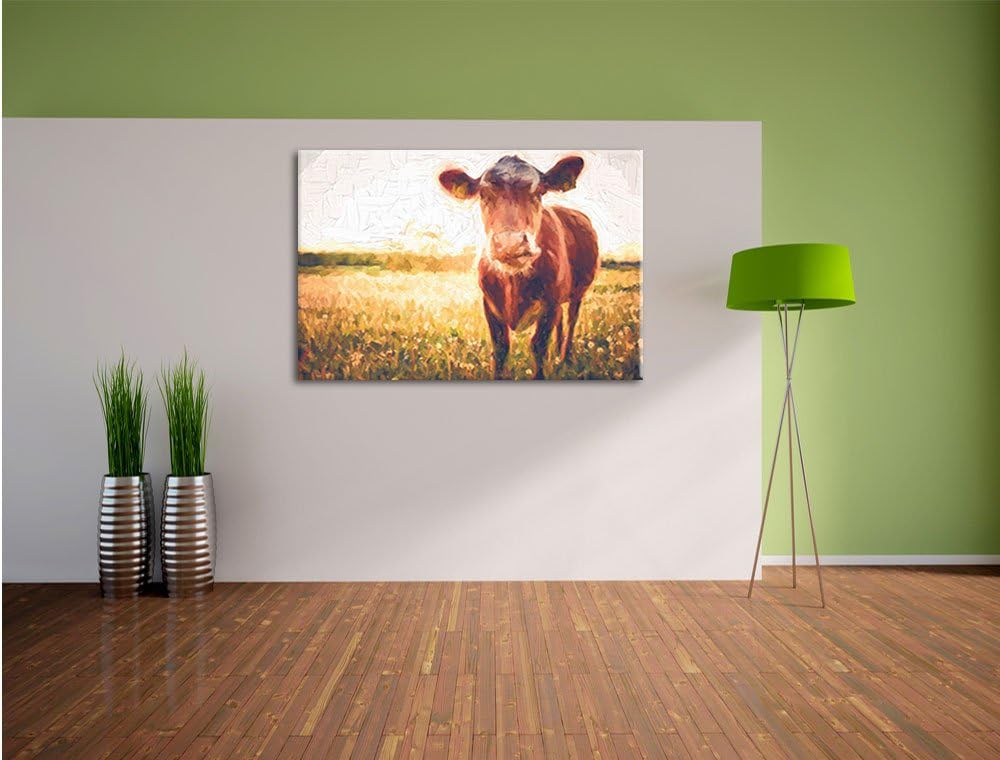 Pixxprint Einzelne Kuh auf Butterblumenwiese in der Abendsonne Kunst Pinsel Effekt, Format: 100x70 a