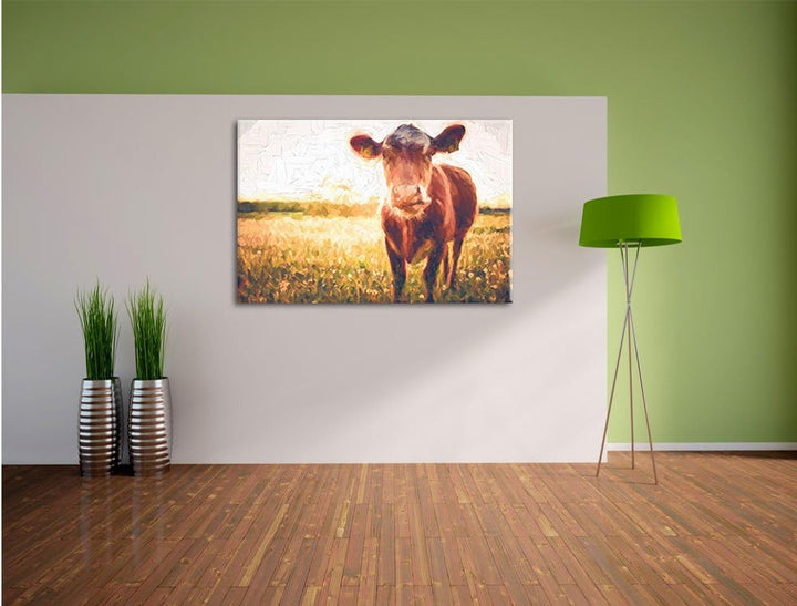 Pixxprint Einzelne Kuh auf Butterblumenwiese in der Abendsonne Kunst Pinsel Effekt, Format: 100x70 a