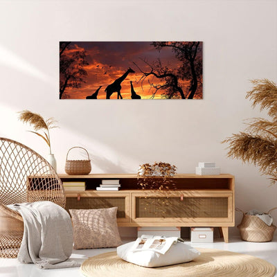 Wandbilder Dekoration Wohnzimmer Giraffe Afrika Sonne Safari Panorama Bilder auf Leinwand 120x50cm L