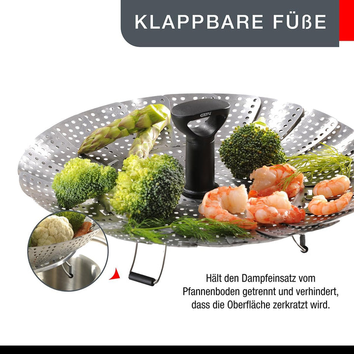 GEFU Dünsteinsatz VITALA | Faltbare Edelstahl-Dünstschale Ø 18–27 cm | Mit Teleskopgriff &amp; Silikonfü
