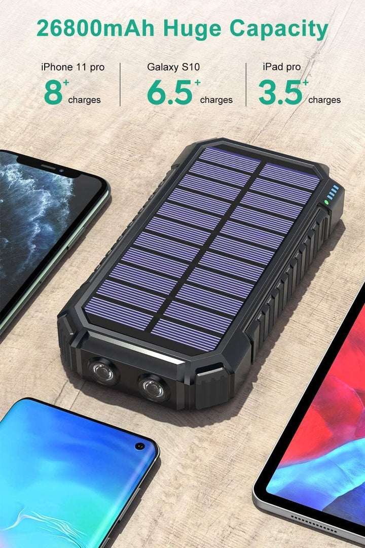 Solar Powerbank 26800mAh, Hiluckey Wireless Solar Ladegerät mit 4 Ausgängen USB C 3A Solar Power Ban