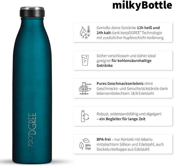 720°DGREE Edelstahl Trinkflasche “milkyBottle” - 750ml - BPA-Frei, Auslaufsicher, Kohlensäure geeign
