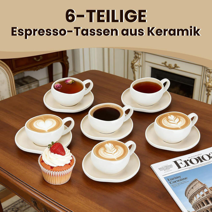 HOMELUX Espressotassen Set 6-Teilig mit Untertasse, 120ml Keramik,Hellbeige | Kaffeetassen Mit Unter