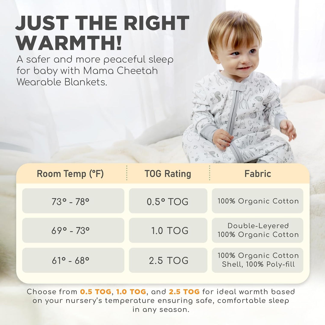 Mama Cheetah Toddler Schlafsack mit Füssen, Long Sleeve 0,5 TOG 2er-Pack Bio-Baumwolle Baby Schlafsa