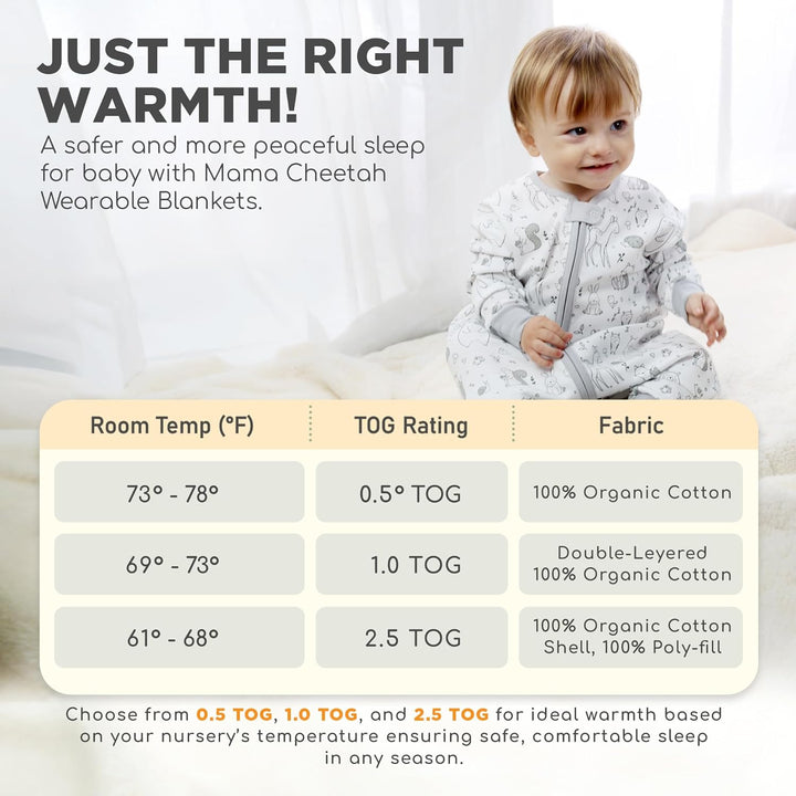 Mama Cheetah Toddler Schlafsack mit Füssen, Long Sleeve 0,5 TOG 2er-Pack Bio-Baumwolle Baby Schlafsa