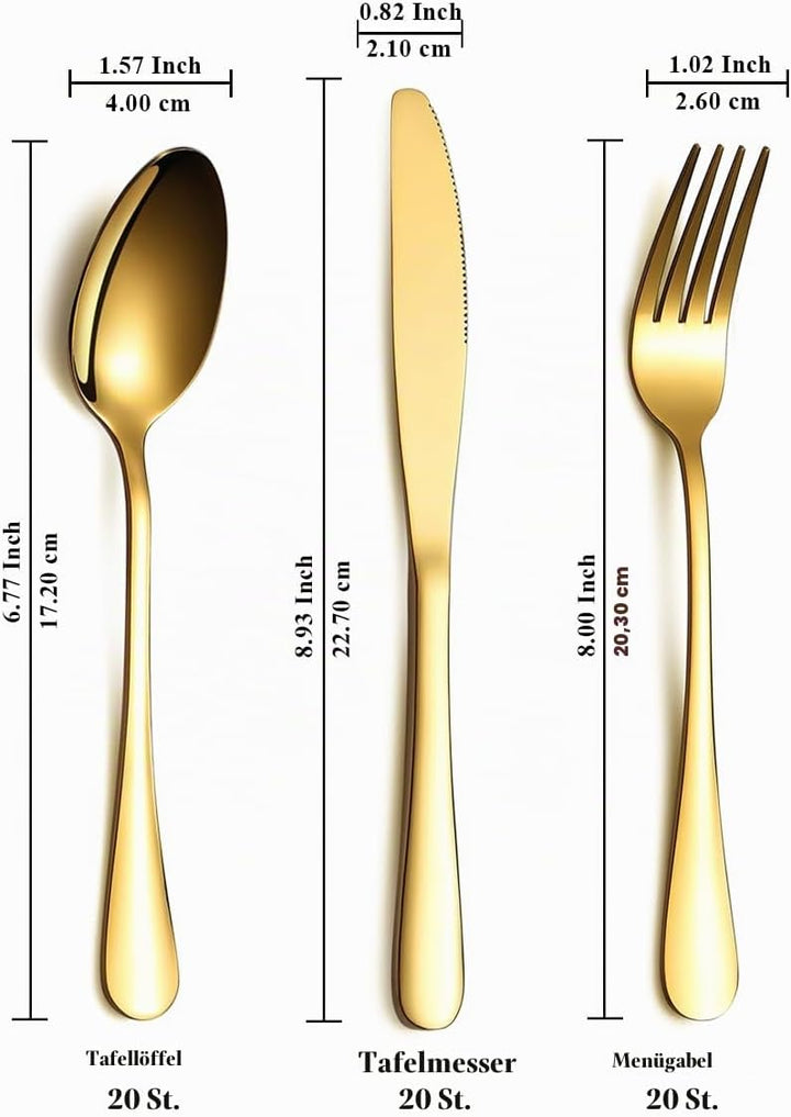 Gold Besteck Set 60 Teile Service für 20, Edelstahl Messer Löffel Gabeln Set für Hochzeit, Partys, A