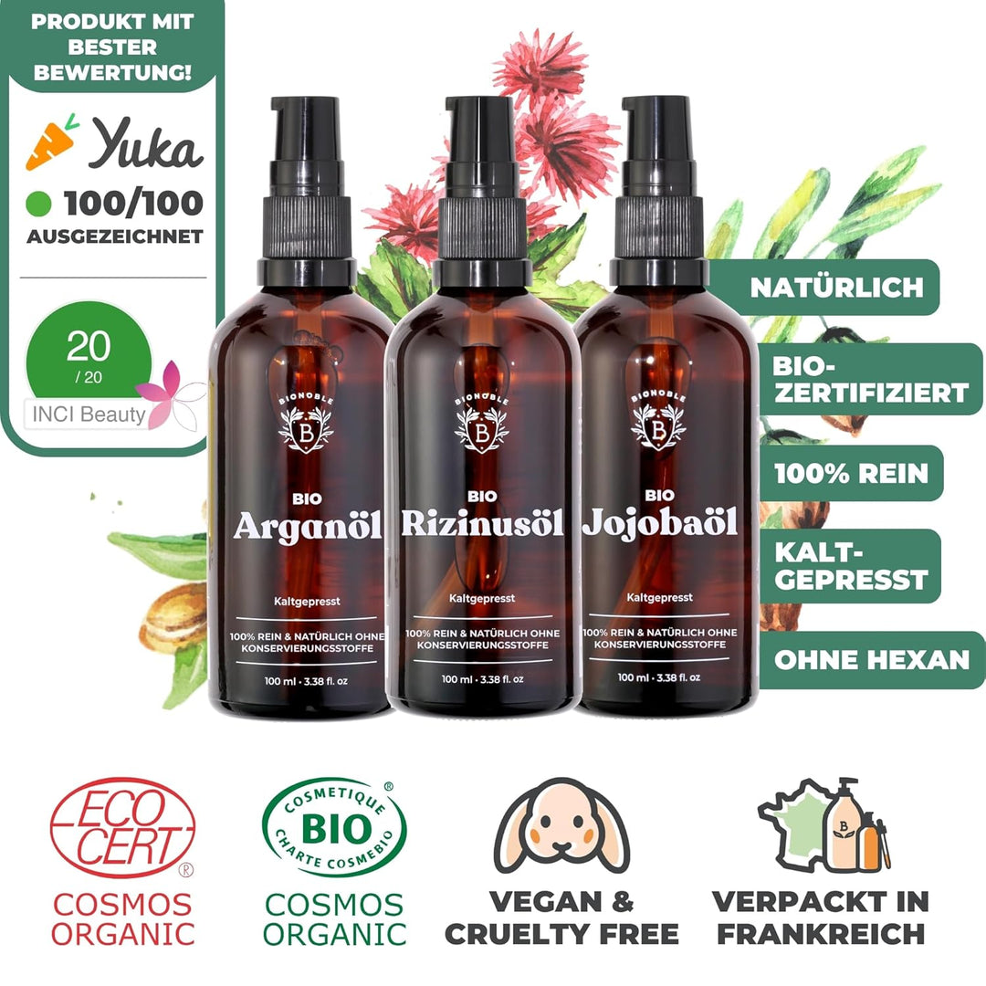 Bionoble Skincare Set 3x100ml - Bio Arganöl, Jojobaöl & Rizinusöl - Pflege für Gesicht, Körper und H