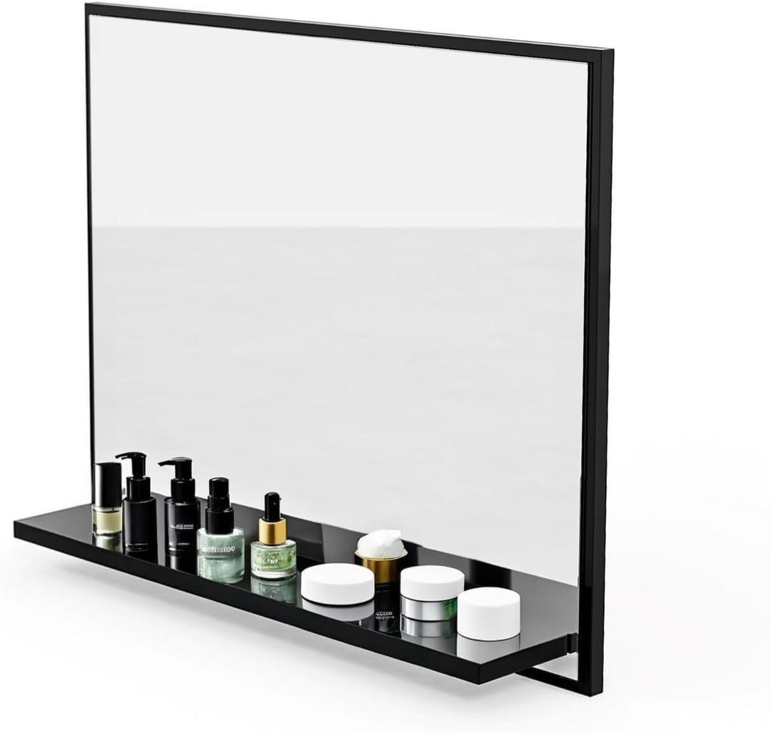 Badspiegel mit Ablage Schwarz - H:50 x B: 60 cm - Bathroom Mirror – Wandspiegel mit Regal – Badezimm
