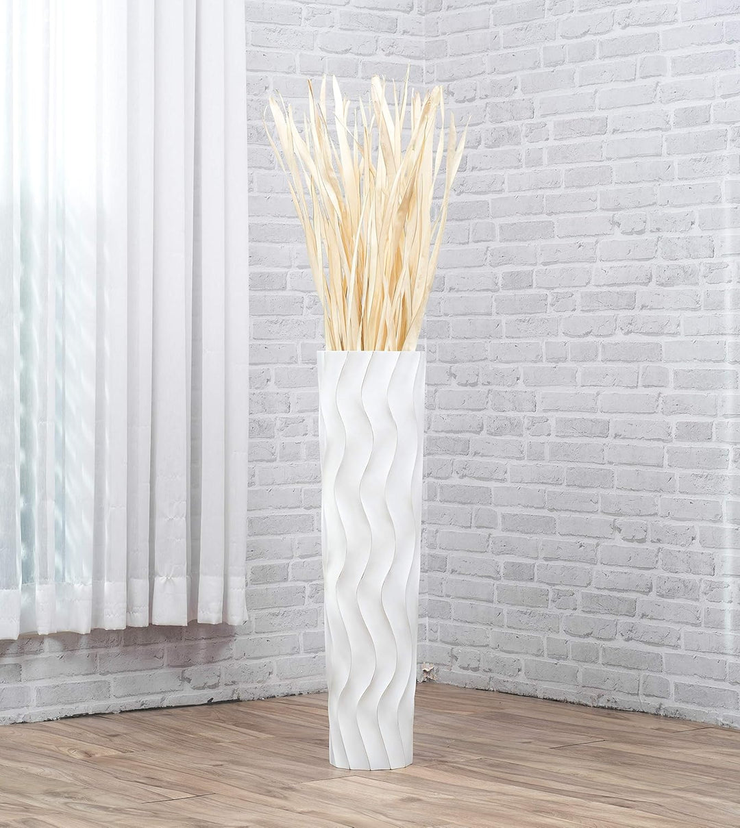 Leewadee Grosse Bodenvase für Dekozweige hohe Standvase Design Holzvase, Holz, 70 cm, White Wash 70