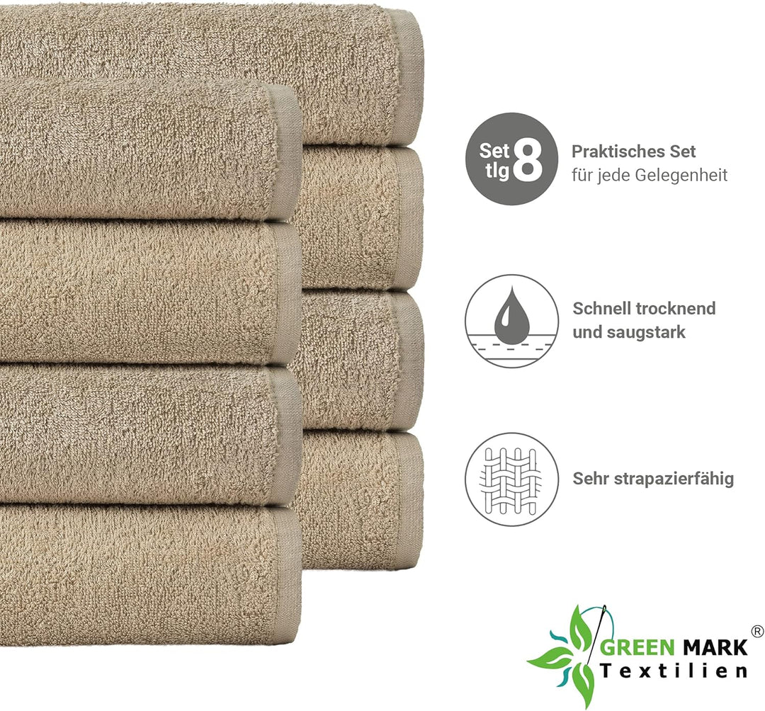 NatureMark 8er Spar-Pack Frottier Handtücher, Handtuch-Set, 50 x 100 cm, Sand/Beige, 100% Baumwolle,