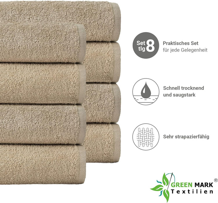 NatureMark 8er Spar-Pack Frottier Handtücher, Handtuch-Set, 50 x 100 cm, Sand/Beige, 100% Baumwolle,