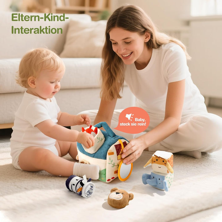 WOODEN TEETHER Baby Spielzeug 4 6 12 18 Months, Montessori Spielzeug Baby Ensory Farm House mit 5 Ti