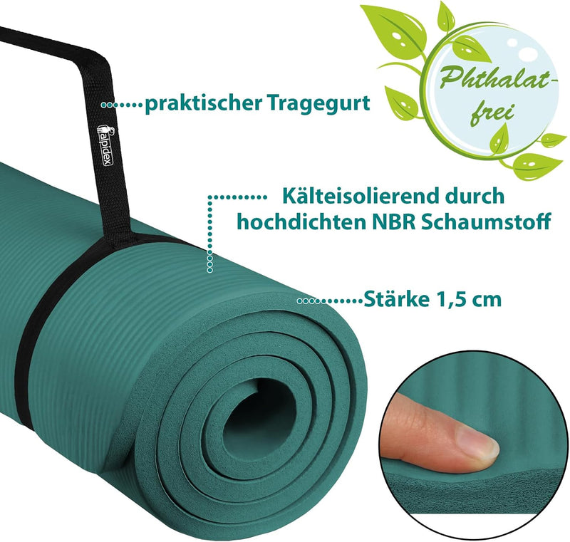 ALPIDEX Yogamatte Extra Dick 1,5cm Gymnastikmatte 3 Grössen rutschfest Phthalatfrei Fitness Matte Tr