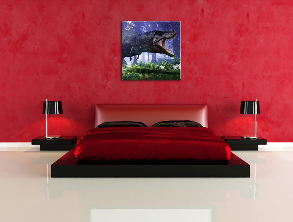 T-Rex Dinosaurier im Wald, Format: 70x70 auf Leinwand, XXL riesige Bilder fertig gerahmt mit Keilrah