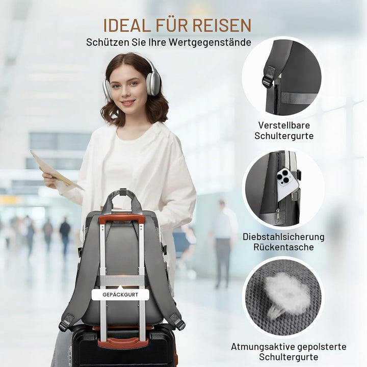 KONO Rucksack Damen 15,6 Zoll Laptop Rucksack, Grosse Wasserdicht Schulrucksack mit Flaschenfach, 2