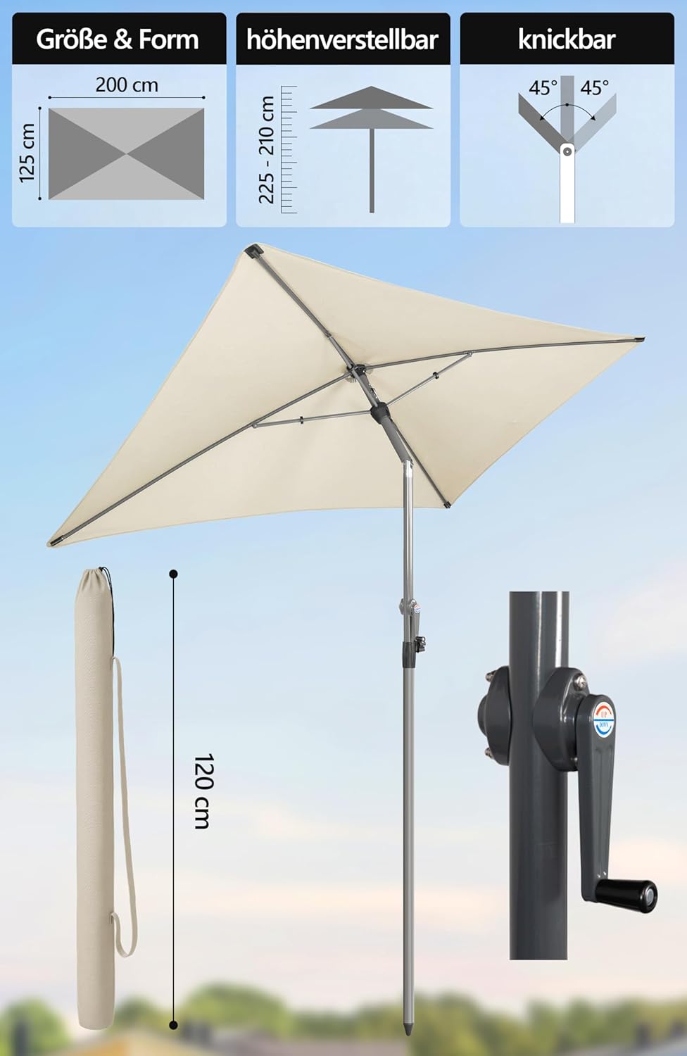 4smile Sonnenschirm Balkon mit Kurbel, Sonnenschutz Balkon mit Schutzhülle, Sonnenschirm rechteckig