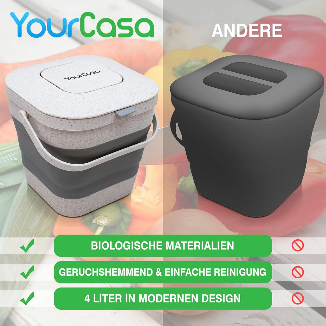 YourCasa® Faltbarer Biomülleimer 4L - kompakter Bio Mülleimer mit geruchsdichtem Aktivkohlefilter-De