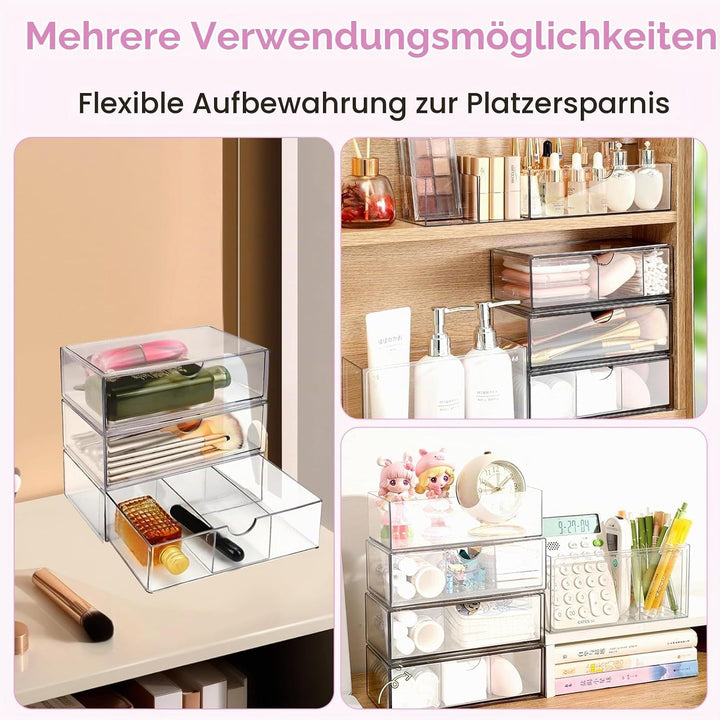 3 Stück Acryl Schubladen Schminktisch Organizer, Stapelbarer Badezimmer Make Up Organizer, Transpare