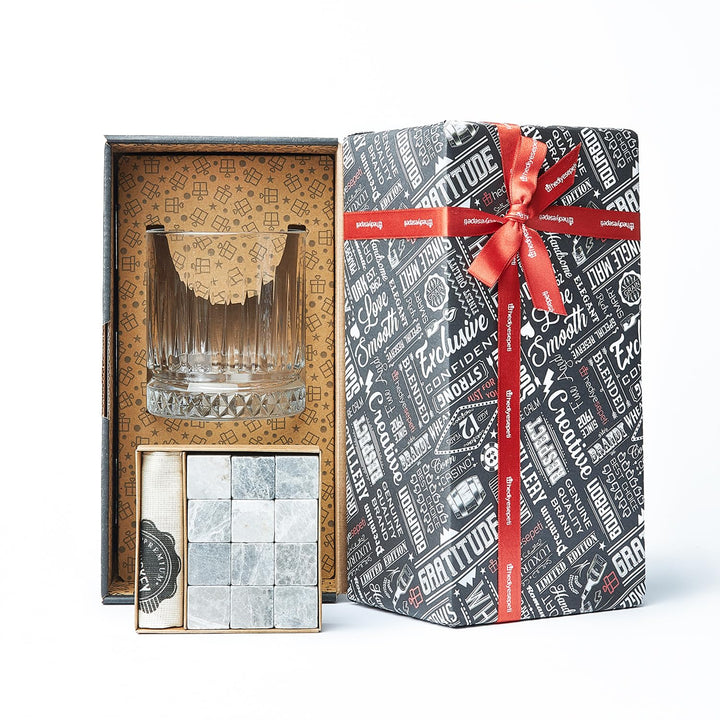 Hediyesepeti Wiskeygläser- Set, Whiskey Gläser Set mit 12 Schwarz Marmor Eiswürfel Steine, Wiederver