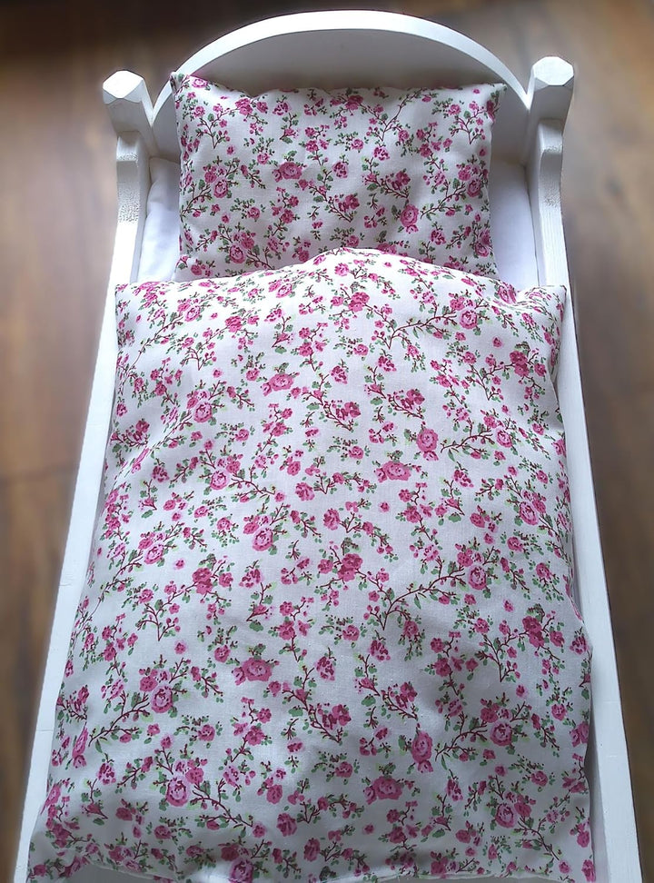 Puppenbettwäsche, Romance 2 teilig, Decke 33b x 37h/ Kissen 23b x 16h, Puppenwagen, Puppenbett, Wieg