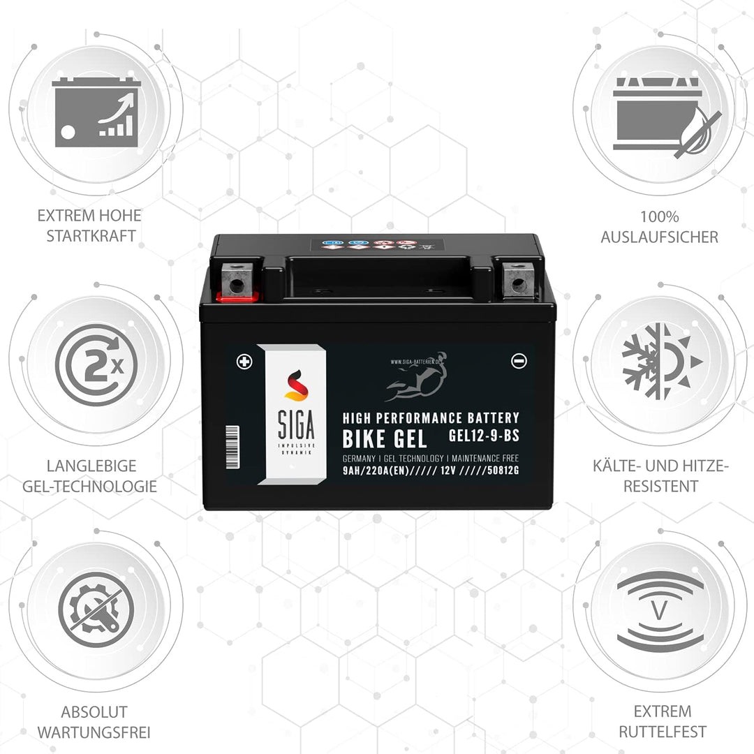 SIGA GEL Motorradbatterie 12V 9Ah 220A/EN GEL Batterie YTX9-BS GEL12-9-BS YTX9-4 GTX9-BS ETX-9-BS 50