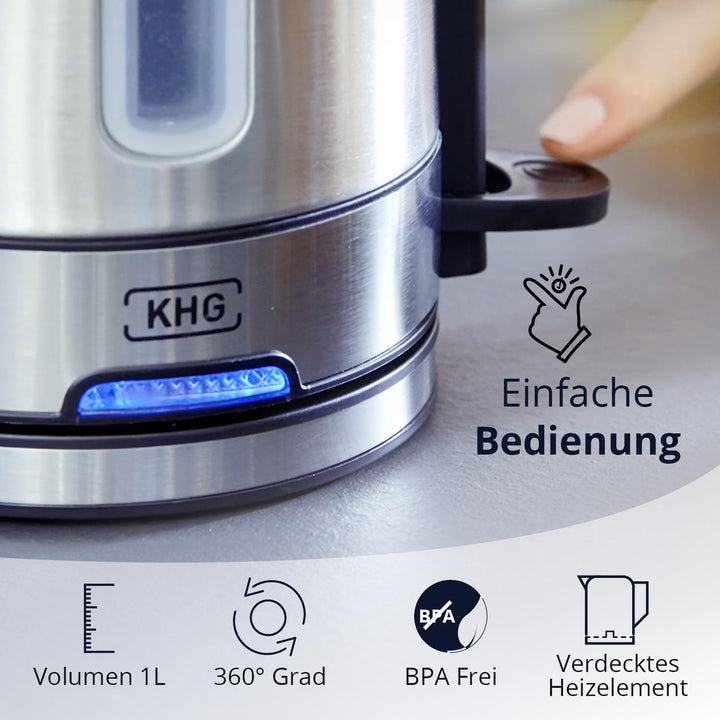 KHG Wasserkocher WK-105 ES Edelstahl | 1l Kapazität | LED | Kalkfilter | Wasserstandsanzeige | Öffne