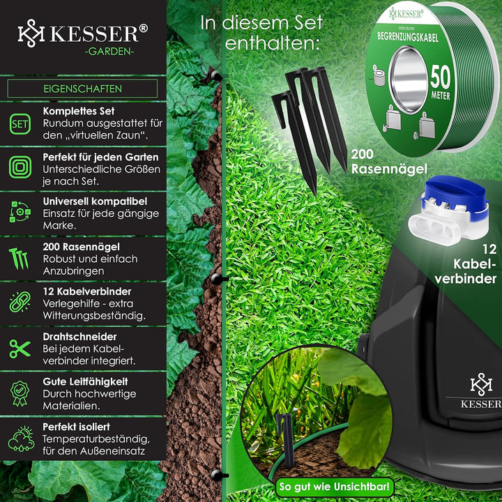 KESSER® Begrenzungskabel 50m + 200 Erdspiesse + 12 Kabelverbinder für Mähroboter Rasenmäher Rasenrob